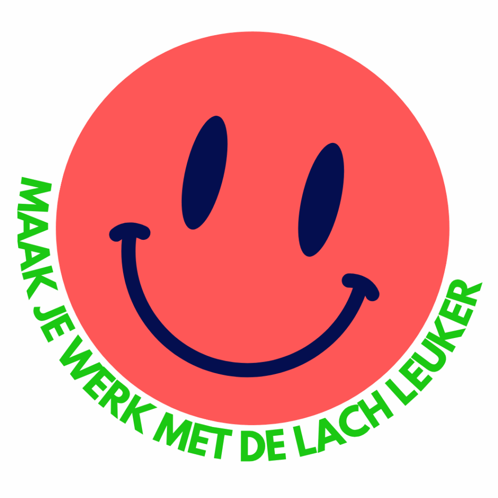 Rode smiley met blauwe gezicht en groene tekst "Maak je werk met de lach luger" - Buro Kompas teamworklogo