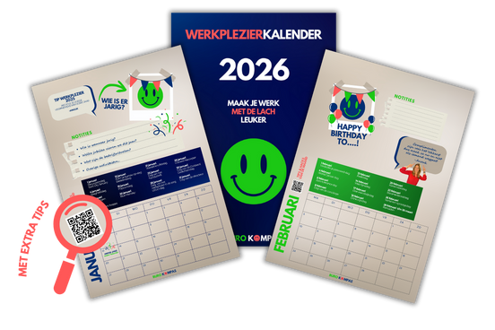 Gratis werkplezierkalender van Buro Kompas met maandelijkse ideeën voor teams