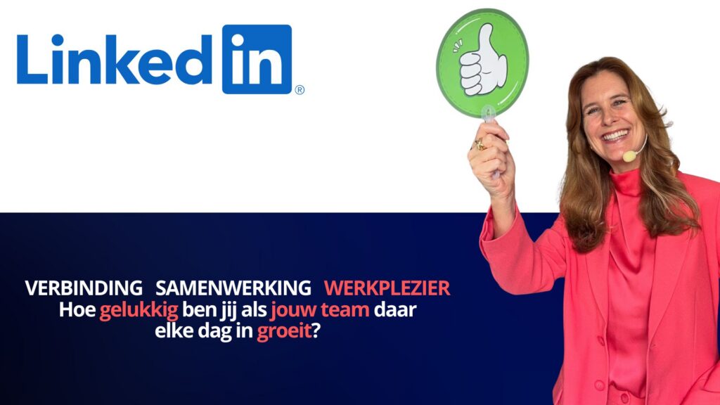 Anouk Starrenburg houdt een groen duim-omhoog-bordje vast, beeld bij de LinkedIn-polls over vertrouwen in teams